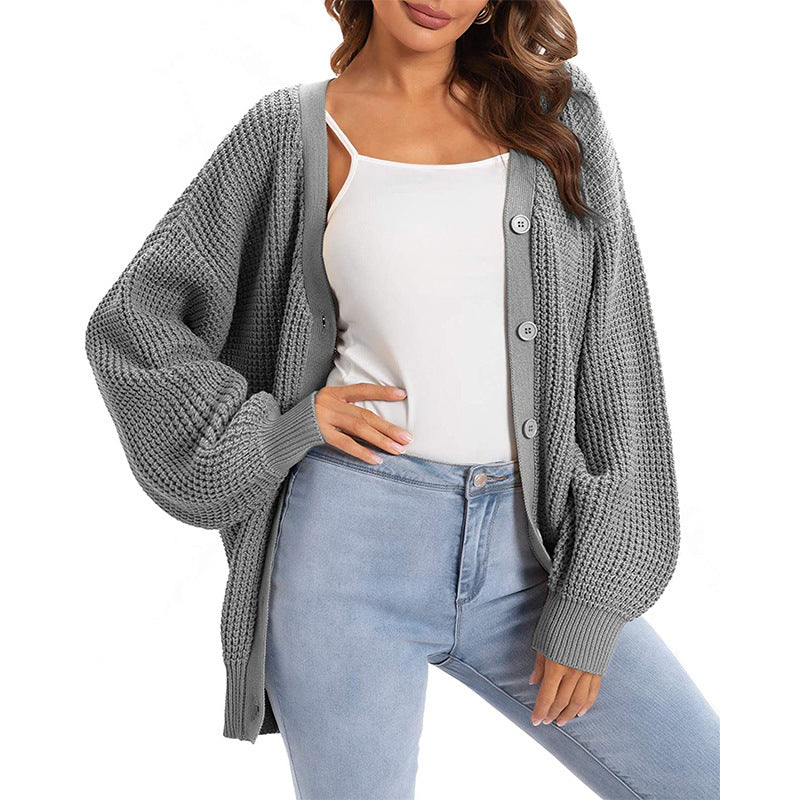 Women's Chunky Waffle Knit Cardigan, V Neck Lantern Sleeve Button Down Loose Knitted Sweater Coat