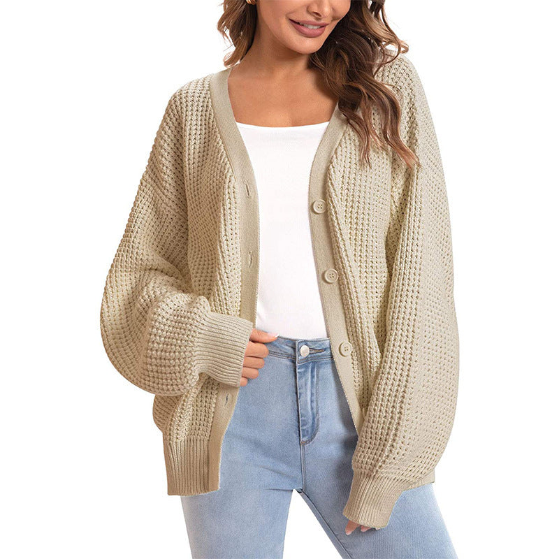 Women's Chunky Waffle Knit Cardigan, V Neck Lantern Sleeve Button Down Loose Knitted Sweater Coat